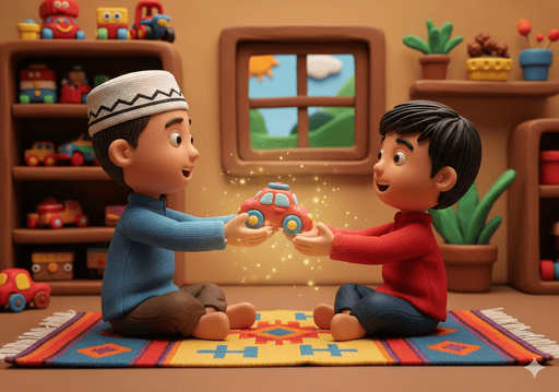 03. Anak berbagi mainan dengan seorang teman, menunjukkan kebaikan dan kemurahan hati