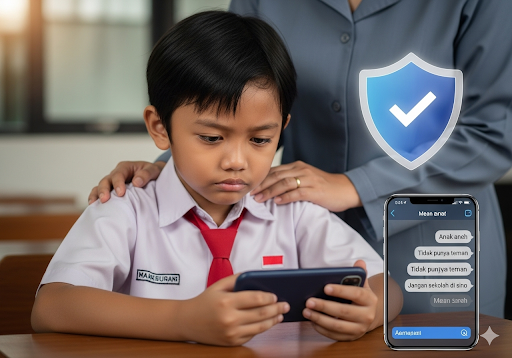 03. Anak berseragam sekolah tampak sedih sambil memegang ponsel yang menampilkan pesan-pesan jahat