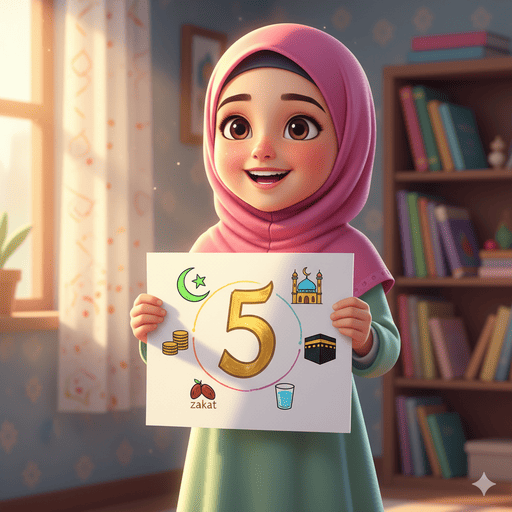03. Gadis kecil Muslim menunjukkan gambar angka lima dengan rukun Islam