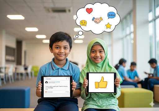 03. Gelembung pemikiran di atas mereka menunjukkan simbol kebaikan dan rasa hormat, yang menekankan perilaku online yang etis