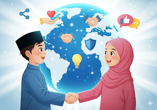 03. Ikon interaksi online yang positif seperti berbagi dan membantu, yang menekankan etika dan tanggung jawab digital