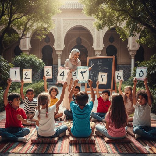03. Sekelompok anak-anak belajar angka Arab bersama di kelas luar ruangan yang semarak