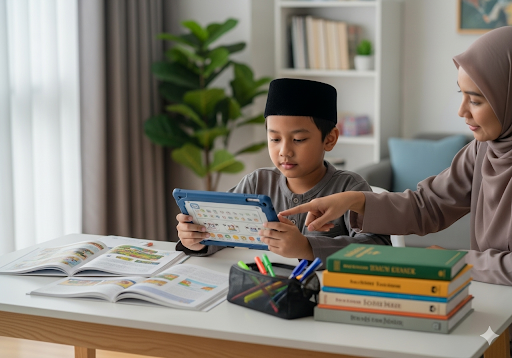 03. Seorang anak Indonesia menggunakan tablet edukasi dengan bimbingan orang tua