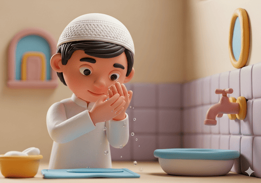 03. Seorang anak Muslim dengan tenang dan metodis melakukan langkah-langkah wudhu, dengan ekspresi fokus dan tenteram