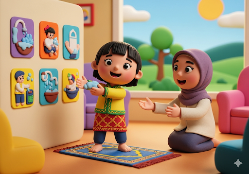 03. Seorang anak PAUD Indonesia sedang belajar wudhu melalui lagu yang menyenangkan