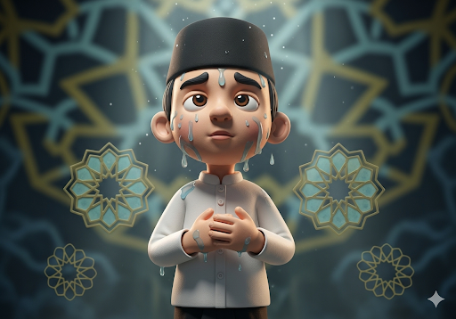 03. Seorang anak PAUD dengan ekspresi bijaksana dan spiritual, berdiri dengan khusyuk setelah wudhu