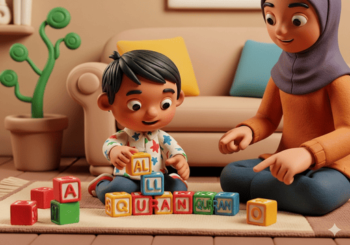 03. Seorang anak bermain dengan balok bangunan, menyusunnya untuk membentuk kata-kata sederhana yang berkaitan dengan konsep-konsep Islam