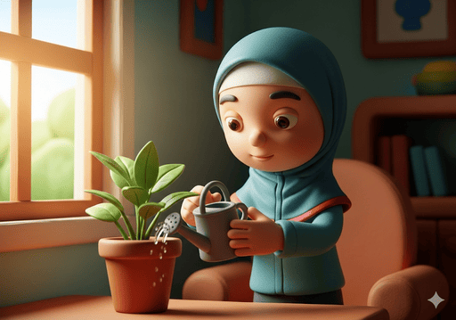 03. Seorang anak, berusia 4 tahun, dengan hati-hati menyirami tanaman pot kecil, menunjukkan rasa tanggung jawab dan kepedulian