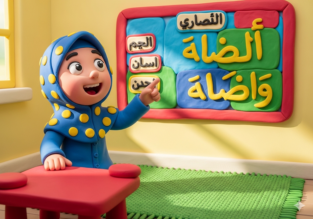 03. Seorang anak menunjuk ke sebuah bagan berwarna-warni dengan tulisan Arab