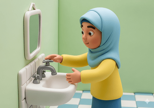 03. Seorang gadis dengan hati-hati mematikan keran setelah mencuci tangannya