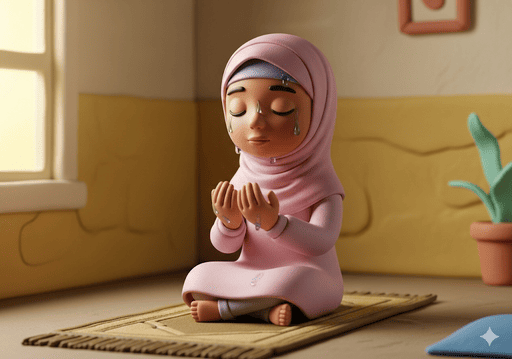 03. Seorang gadis duduk di atas sajadah setelah melakukan wudhu