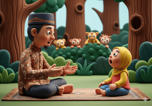 03. Seorang orang tua atau guru Muslim Indonesia dengan penuh semangat menceritakan sebuah kisah kepada seorang anak berusia 4 tahun