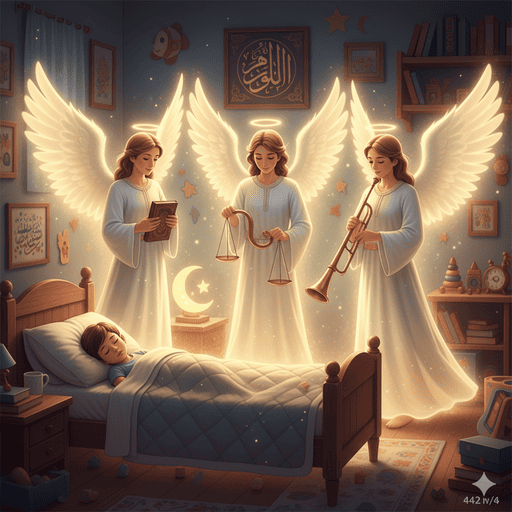 03. Tiga malaikat mengawasi seorang anak Muslim yang sedang tidur nyenyak di kamarnya