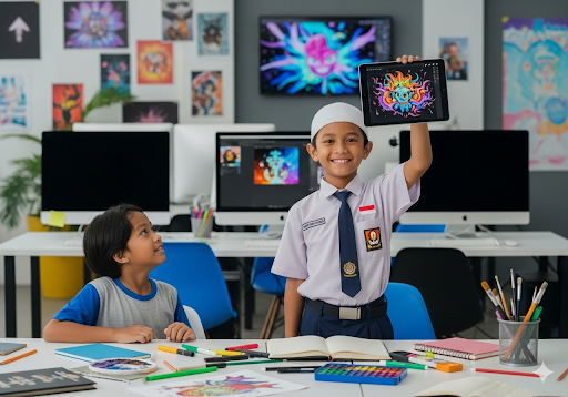 04. Anak dengan bangga menampilkan gambar digital berwarna-warni di tablet