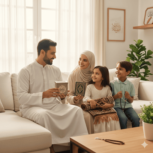 04. Keluarga Muslim (ayah, ibu, dua anak) duduk bersama, masing-masing memegang simbol lima rukun Islam