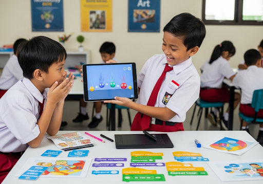 04. Layar tablet menampilkan animasi sederhana yang penuh warna yang ia buat