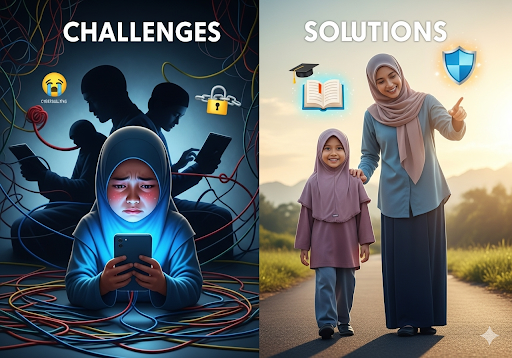 04. Metafora visual tantangan dunia digital seperti kecanduan gawai dan perundungan siber, serta solusinya melalui edukasi dan pendampingan