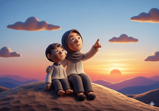 04. Orang tua itu dengan lembut menunjuk ke arah langit, menjelaskan kebesaran Allah melalui alam