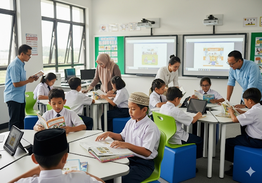 04. Ruang kelas modern dengan stasiun belajar, guru-guru membimbing siswa melalui berbagai kegiatan membaca
