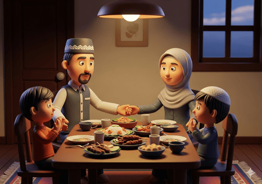 04. Sebuah keluarga (ayah, ibu, dan dua anak, berusia 3 dan 6 tahun) duduk bersama di meja makan