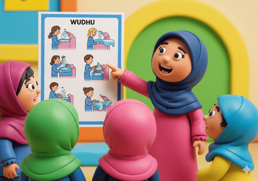 04. Sekelompok gadis berkumpul di sekitar poster berwarna-warni yang mengilustrasikan langkah-langkah wudhu