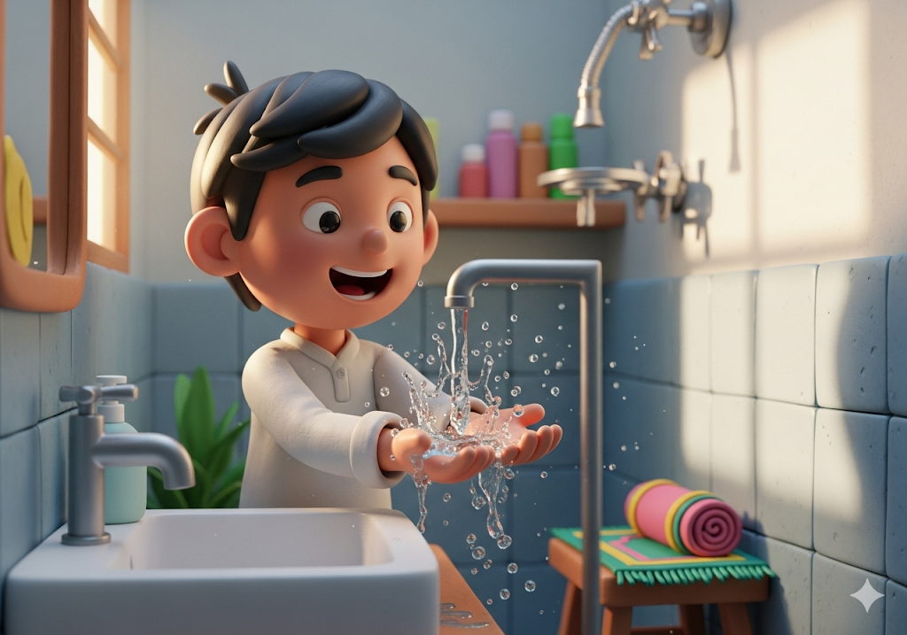 04. Seorang anak Muslim muda dengan gembira memercikkan air untuk wudhu