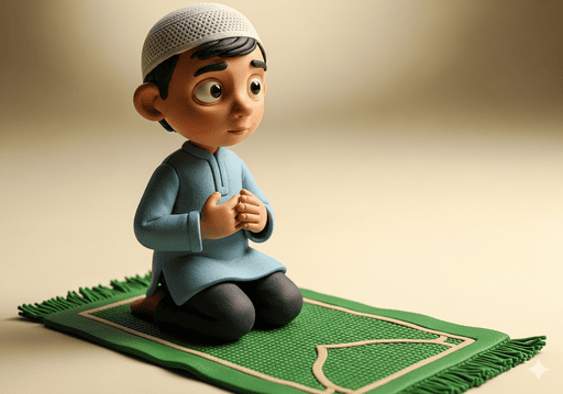 04. Seorang anak Muslim yang sedang berlutut di atas sajadah dengan ekspresi damai