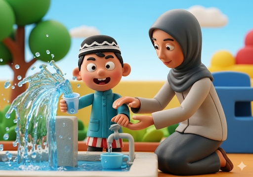 04. Seorang anak PAUD secara tidak sengaja memercikkan terlalu banyak air saat wudhu