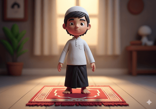 04. Seorang anak berdiri menghadap ke depan, siap untuk sholat setelah selesai berwudhu