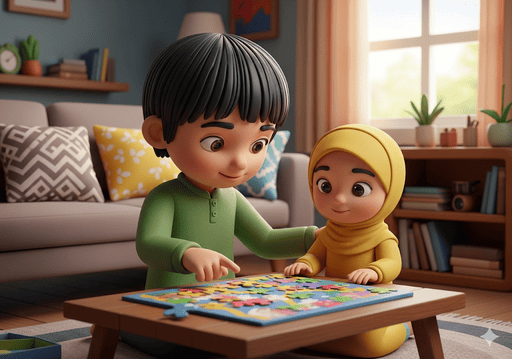 04. Seorang anak membantu adiknya mengerjakan puzzle, menunjukkan kesabaran dan kebaikan