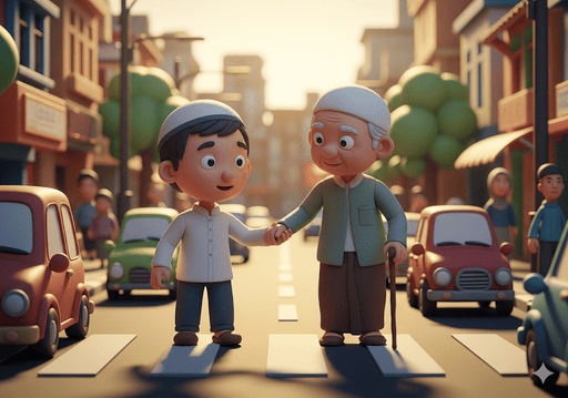 04. Seorang anak membantu seorang lansia menyeberang jalan, menunjukkan rasa hormat dan tolong-menolong