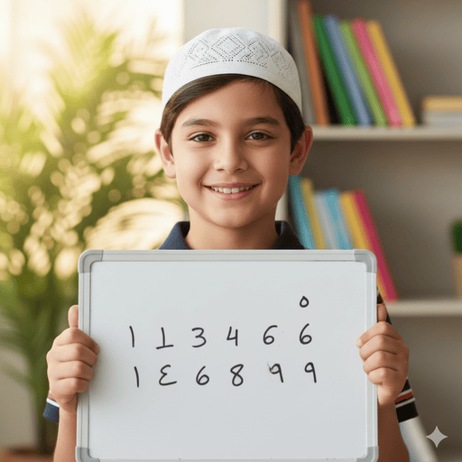 04. Seorang anak memegang papan tulis dengan angka Arab yang tertulis dengan sempurna