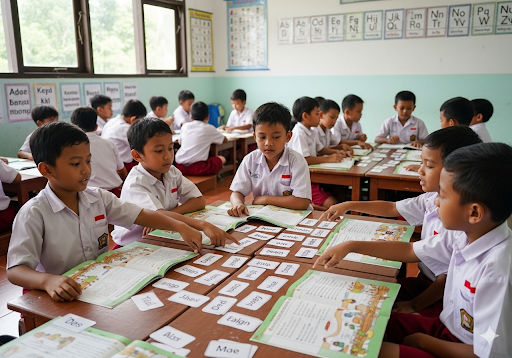 04. Siswa sekolah dasar Indonesia (7-9 tahun) terlibat dalam permainan kosa kata dan kegiatan berbasis cerita