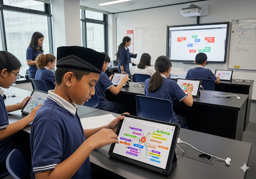 04. Siswa yang bekerja dengan tablet membuat peta cerita digital