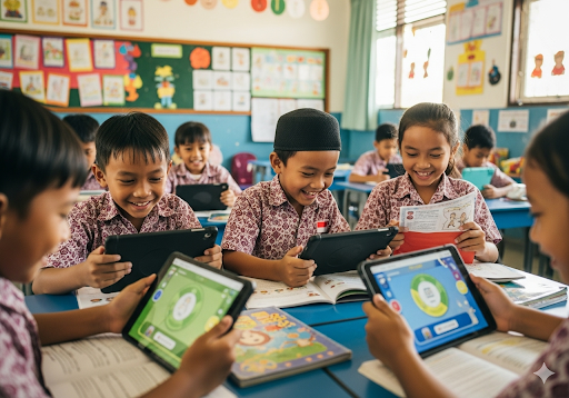 05. Anak-anak sekolah dasar di Indonesia yang bersemangat sedang bermain permainan membaca interaktif