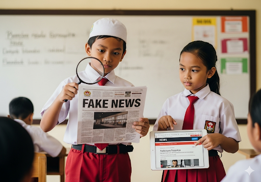 05. Anak laki menunjuk judul berita utama surat kabar yang bertuliskan BERITA PALSU, Anak lain menunjuk ke sumber yang kredibel di tablet