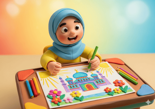 05. Anak menggambar sebuah masjid dan bunga, mengekspresikan pemahamannya tentang ciptaan Allah