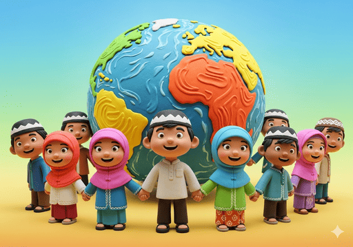 05. Berdiri di depan bola dunia yang bergaya, melambangkan persatuan dan dampak global yang positif