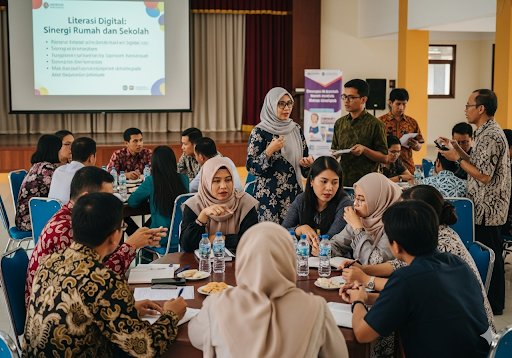 05. Orang tua berpartisipasi aktif dalam lokakarya tentang literasi digital. Mereka terlibat dalam diskusi dan melihat presentasi