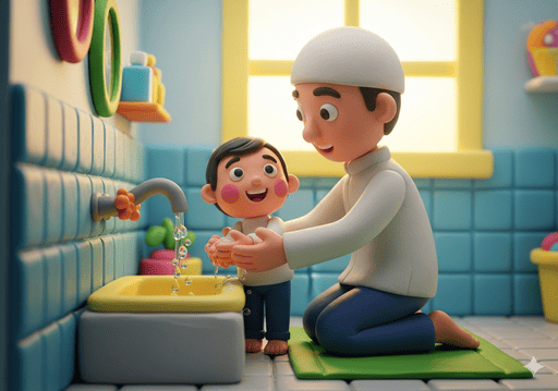 05. Orang tua membimbing anak mereka melalui langkah-langkah wudhu di kamar mandi