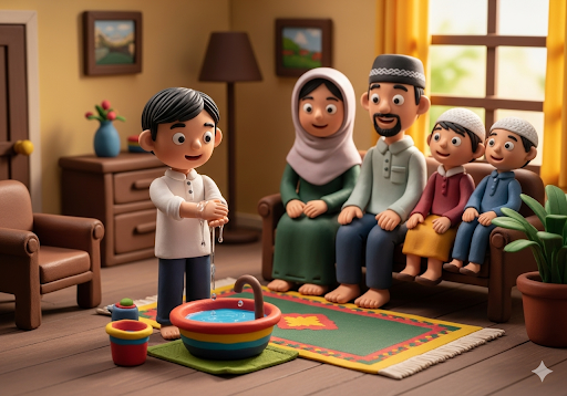 05. Seorang anak PAUD dengan gembira menunjukkan pengetahuan wudhunya kepada keluarganya