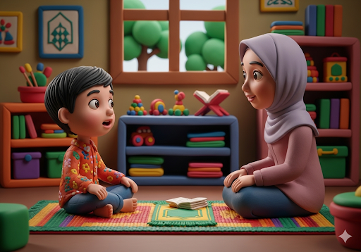 05. Seorang anak PAUD duduk dengan penuh perhatian mengajukan pertanyaan tentang wudhu kepada orang dewasa