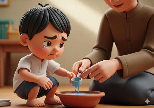 05. Seorang anak PAUD tampak frustrasi saat mencoba melakukan wudhu