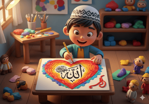 05. Seorang anak dengan gembira menggambar hati dengan kaligrafi Arab untuk salah satu Asmaul Husna