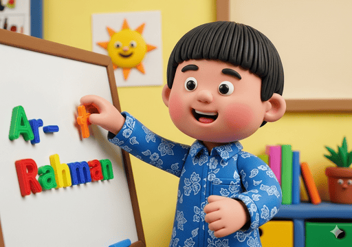 05. Seorang anak menyusun huruf magnet berwarna-warni di papan tulis untuk mengeja salah satu Asmaul Husna