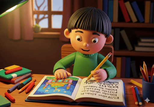 05. Seorang anak sedang menulis dan menggambar di dalam jurnal.