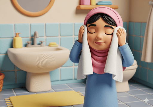 05. Seorang gadis menepuk-nepuk wajahnya hingga kering dengan handuk bersih setelah menyelesaikan wudhu