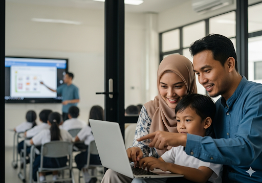 05. Seorang ibu dan ayah Muslim Indonesia duduk bersama anak mereka, membantu mengerjakan pekerjaan rumah di laptop