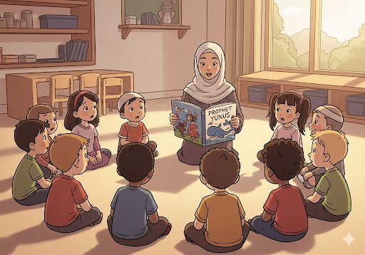 Gambar 1. Sekelompok anak-anak prasekolah yang beragam duduk melingkar di penitipan anak