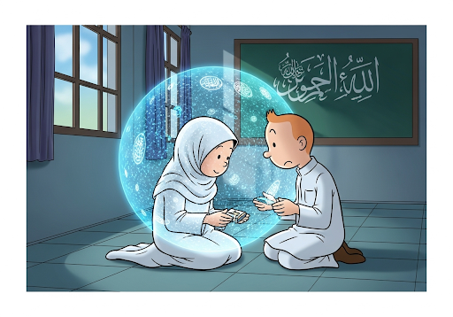 Gambar 1. Seorang anak Muslim Indonesia yang bijaksana sedang mempelajari data yang saling berhubungan di bola dunia holografik